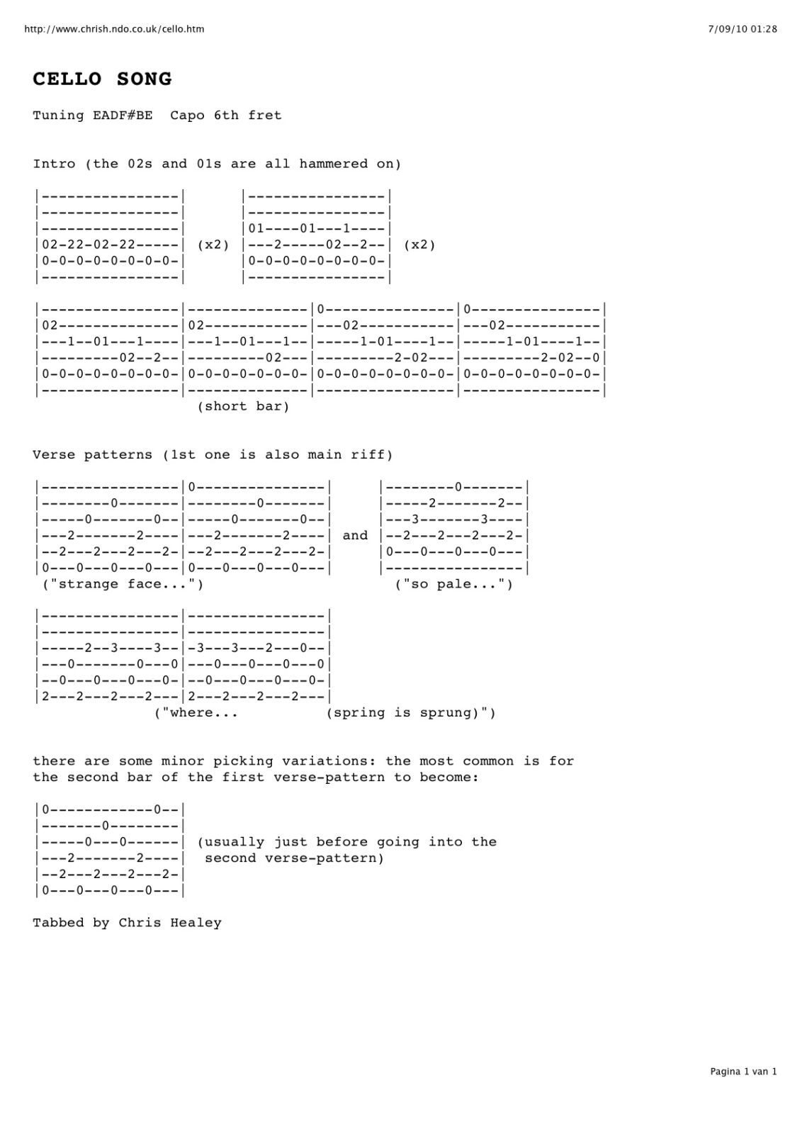 Tablatuur voor Cello Song